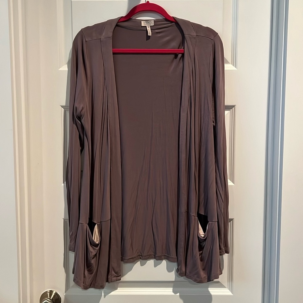 Open front cardigan, size M. Logo by Lori Goldstein.